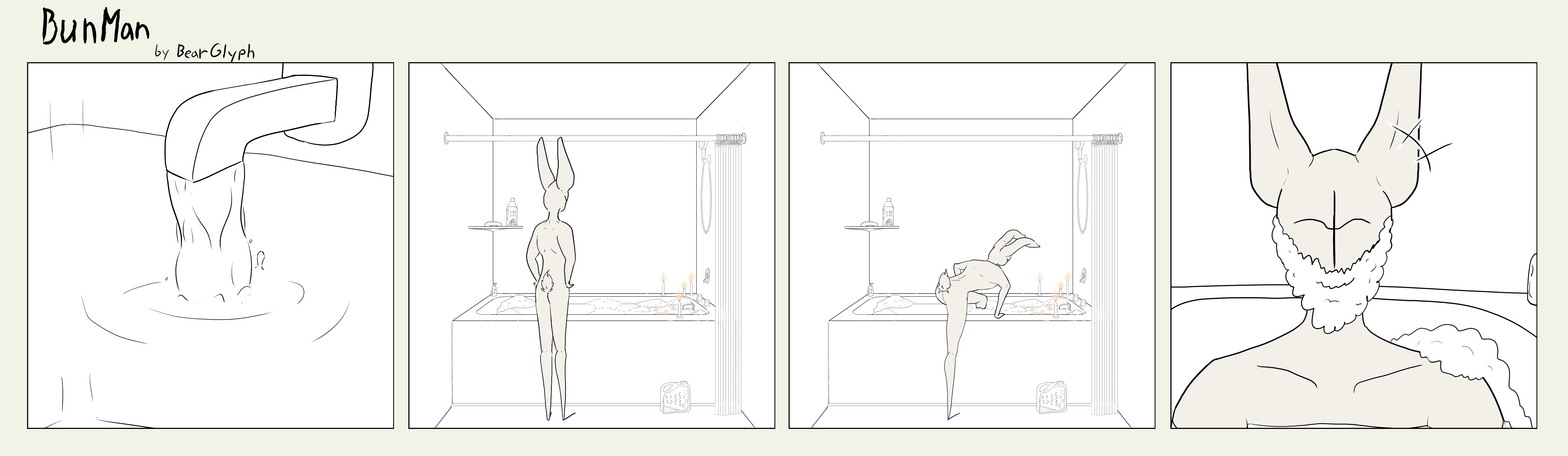 A bathtub faucet putting out water into a nearly full tub. Bunman stands with his hands on his hips looking at the bubble bath. There are several candles around the bathtub and a few tealights floating in the water. Bunman gets into the tub and then puts bubble suds from the bath onto his face like a beard.